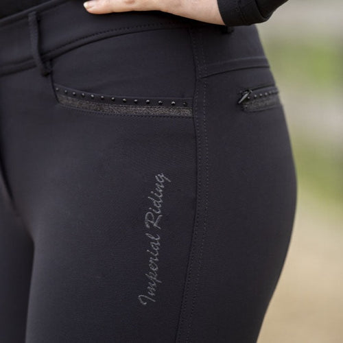 Pantalon d'équitation pour cavalières de 8 à 16 ans Imperial Riding El Capone Full grip noir porté