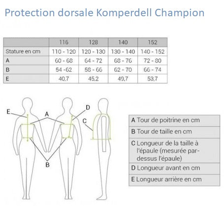 Tableau de tailles pour la protection dorsale pour jeunes cavaliers Komperdell Champion