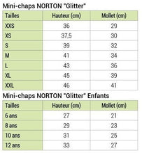 Charger l&#39;image dans la galerie, Guide des tailles des mini-chaps synthétiques por enfants et adultes Norton Glitter

