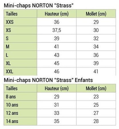 Guide des tailles pour les mini-chaps synthétiques pour enfants et cavalières Norton Strass