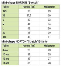 Charger l&#39;image dans la galerie, Guide des tailles pour les mini-chaps d&#39;équitation enfants et adultes Norton Stretch
