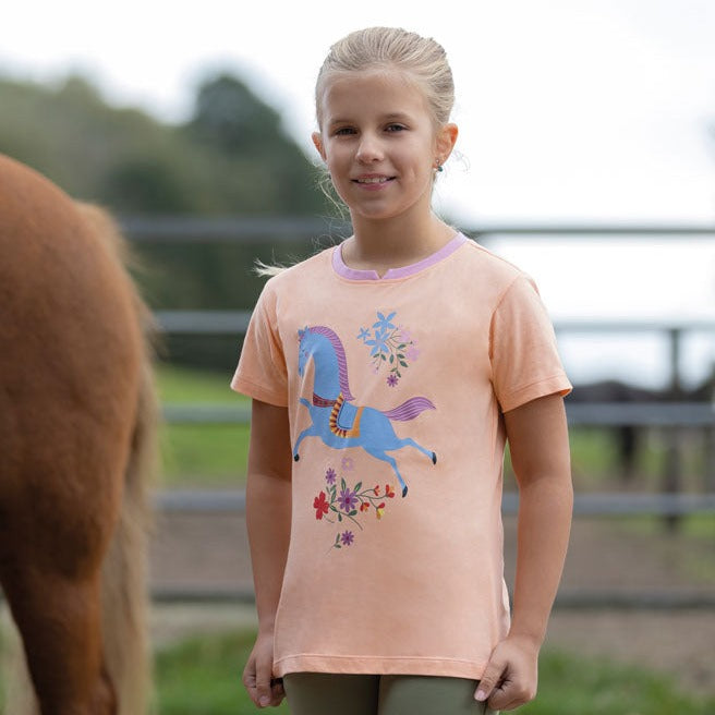 Tee-shirt à manches courtes pour enfants de 3 à 10 ans HKM Flower Pony abricot porté