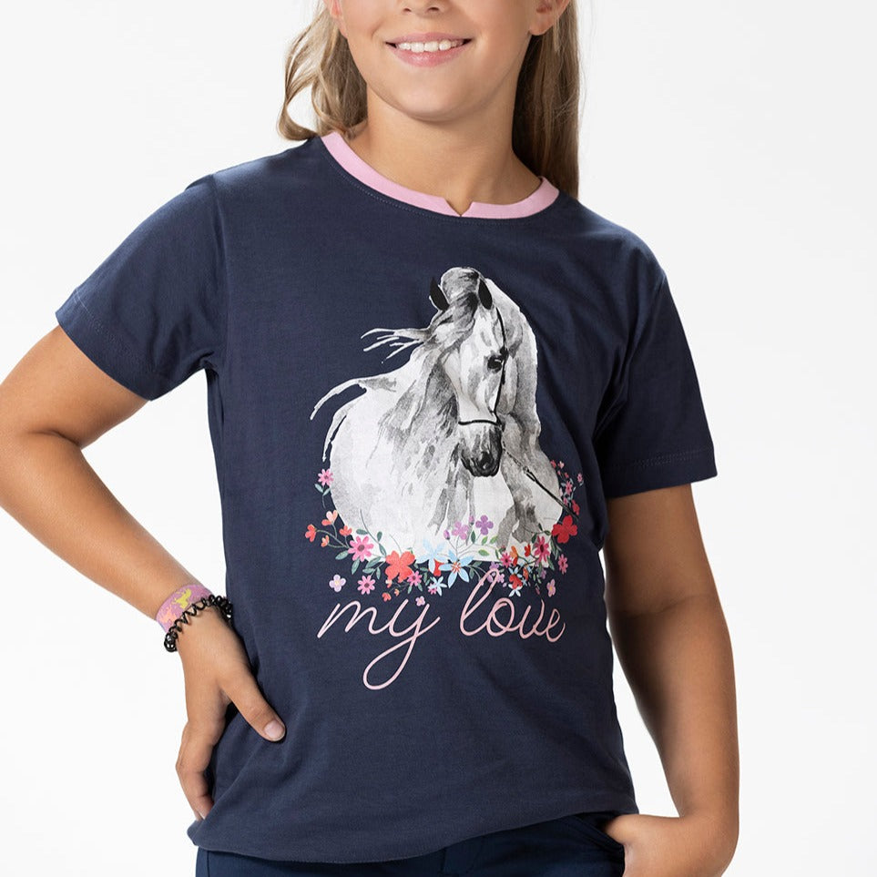 Tee-shirt à manches courtes pour petites cavalières de 3 à 14 ans HKM Horse Spirit marine porté