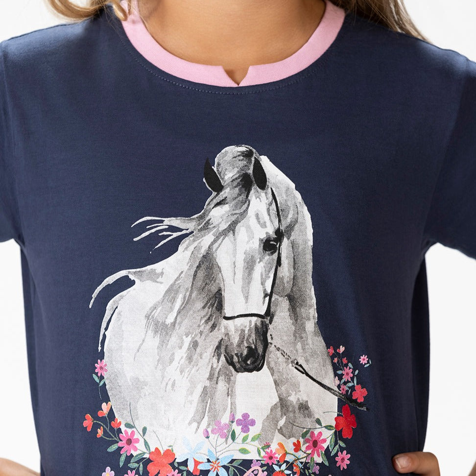 Tee-shirt à manches courtes pour petites cavalières de 3 à 14 ans HKM Horse Spirit marine détail