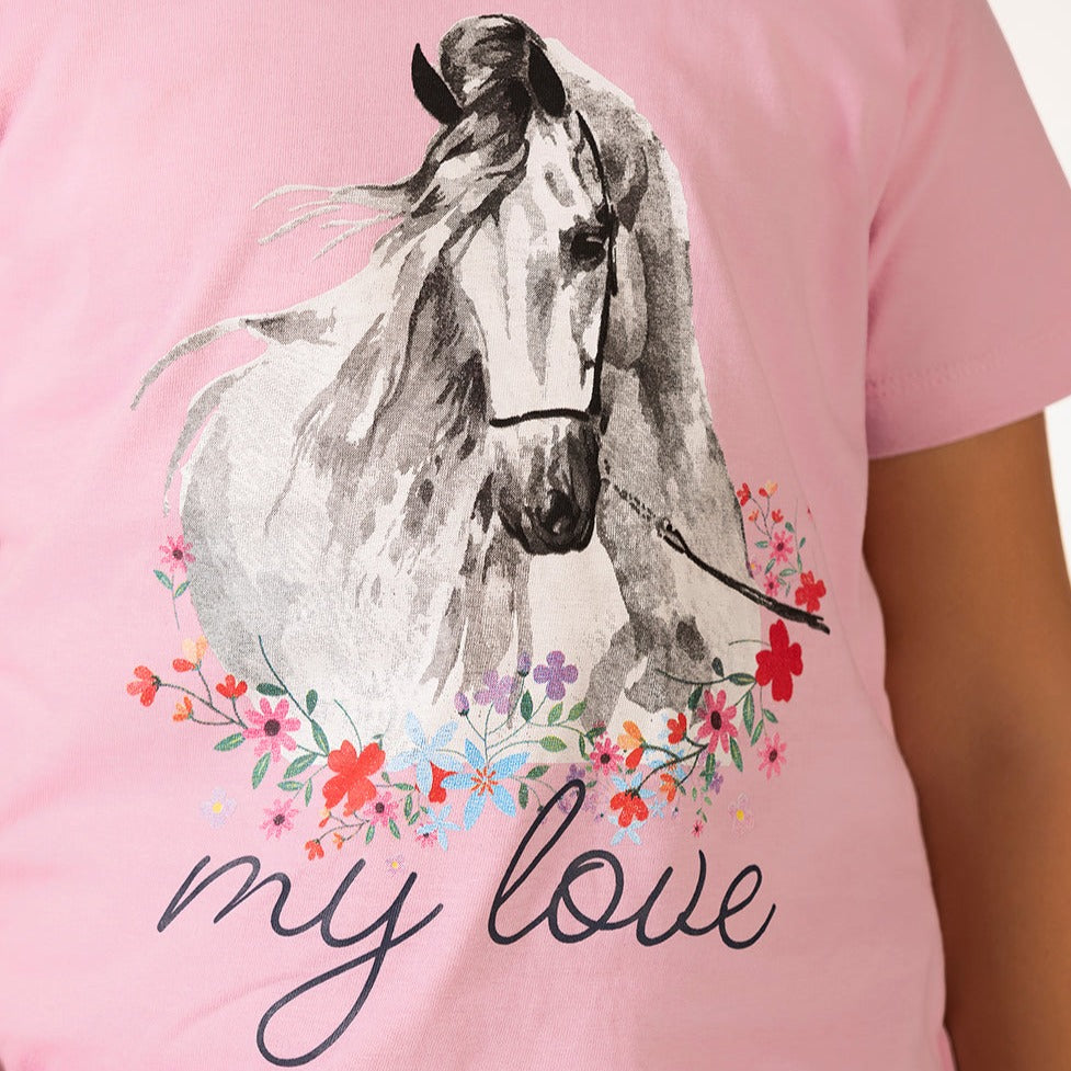 Tee-shirt à manches courtes pour petites cavalières de 3 à 14 ans HKM Horse Spirit rose détail
